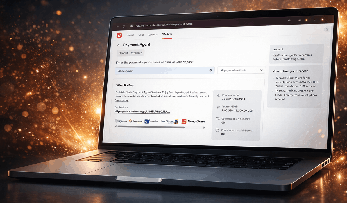 Vibeclip Pay Verified Deriv Payment Agent since 2021 - Proof on Laptop gotten from Deriv cashier