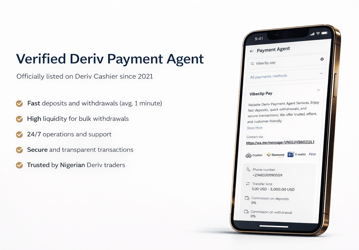 A screenshot of Vibeclip Pay listed on Deriv payment agent page as an authorized Payment agent since 2021 - Proof on Mobile gotten from Deriv cashier